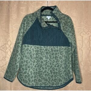 J.Crew Green Leopard Quilted Button-Neck Sherpa Tunic Sweater Womens Small